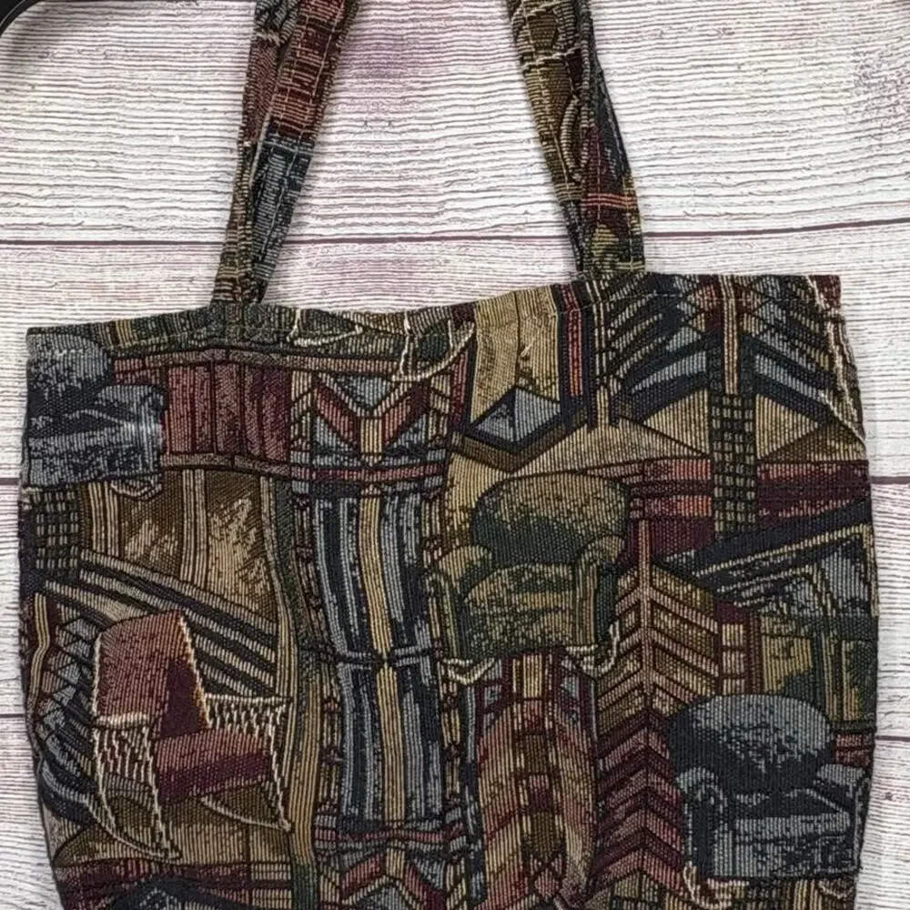Schweiger Vintage Cozy Library Book Tapestry Brown Gray Tote Bag